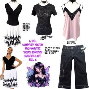 Y2K WHIMSY GOTH ROMANTIC BLACK ROSES DRESS TOP PANTS BUNDLE S. 6‎ NWT/EUC